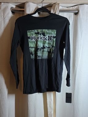 Boys Large Hurley Black Long Sleeve Tee with Green Graphic Panel